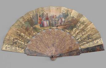Folding fan of painted lithographed paper leaf