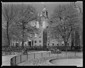 East 15th and 16th Streets and Rutherford Place. Friends Seminary School, view looking west from Stuyvesant Park and East 16th Street.