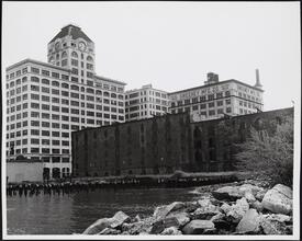 [Walentas Building, Sweeney Building and Empire Stores seen from the East River.]