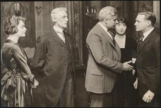[Ann Mason as Edith Craig, William Walcott as Dr. Hammand, Edward H. Robins as Kenneth Winthrop, Chrystal Herne as Madeline Winthrop, and William Harrigan as Joe Conway in "The Acquittal".]