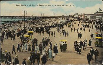 Boardwalk and Beach, Looking South, Coney Island, N. Y.