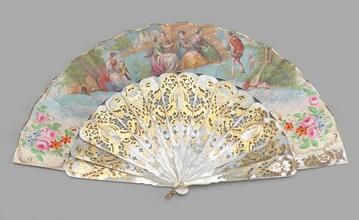 Folding fan of painted lithographed paper leaf