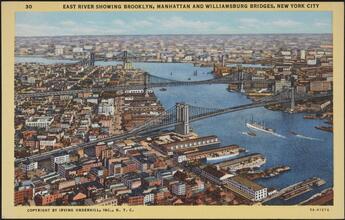 East River Showing Brooklyn, Manhattan and Williamsburg Bridges, New York City