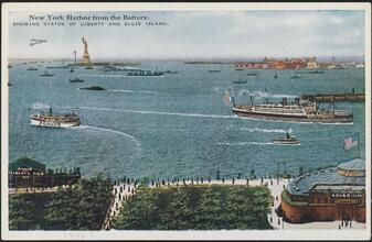 New York from The Battery. Showing Statue of Liberty and Ellis Island.