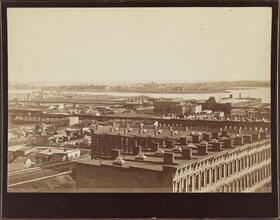 [View from the roof of George Ehret's home at Park Avenue and 94th Street.] Looking due east. Showing 3rd and 2nd Avenue El roads.