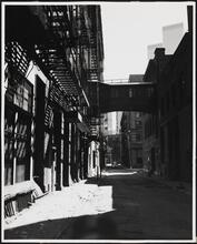 [Staple Street, showing footbridge between old House of Relief and ambulance annex of the New York Hospital.]