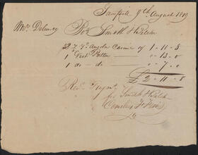 Receipted bill issued by Cornelius F. Ferris for Robert Smith & Belcher, to John Peter De Lancey for 2 pounds 11 shillings 8 pence, August 9, 1819