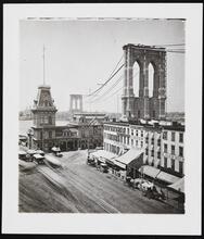 [Brooklyn Bridge under construction.]