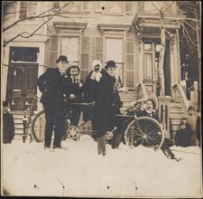 [Bicycle in the snow, C. W. Hadley at the handlebars.]