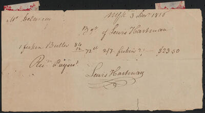 Receipted bill issued by Lewis Hartman to John Peter De Lancey for $23.50, December 3, 1818