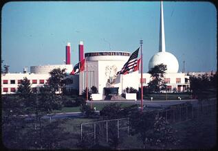 [Administration Building with the Trylon and Perisphere in the background.]