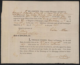Receipt of mortgage, issued from Peter and Calicia Allaire to Leonard Bleecker, August 13, 1807