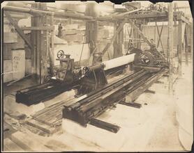 [Interior of marble works, cutting pillar.]