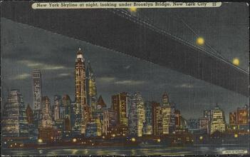 New York Skyline at night, looking under Brooklyn Bridge, New York City