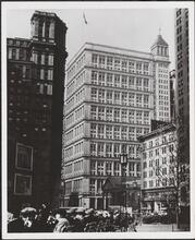 Street view showing park in front of City Hall and St. Paul's