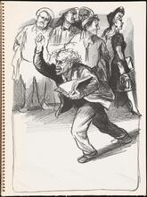 Don Freeman's Newsstand [Man with a book speaking as bystanders watch with varying levels of interest.]
