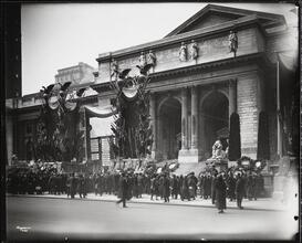[Library, Public, 5th Ave. & 42nd St., Exterior, Building with War Decorations.]