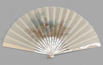 Folding fan of white gauze with painted scene of seated maiden