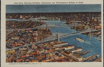 East River Showing Brooklyn, Manhattan and Williamsburg Bridges at Night.