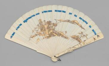 Brisé ivory fan, applied gilt lacquer landscape