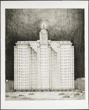 Amsterdam Avenue between West 92nd Street and West 93rd Street. Pencil drawing, 17 story apartment building