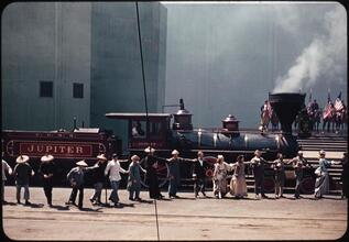 [Replica of the Jupiter locomotive in a scene of the Parade of Railroads show.]