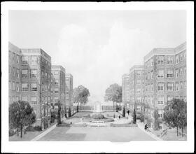 Jackson Heights apartments. Rendering, 1921, court gardens in rear of garden apartments.