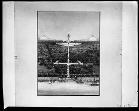 J.G. Monument. Rendered perspective of monument from river up to a statue with two temples.