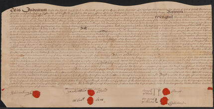 Indenture between Johannis Hardenbergh, Johannes William Smith, Albert Boom and Tounis Hough and Baron Lighthart, and Richard Bradley of New York City, April 8, 173a7