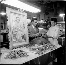 Art in the Marketplace [Painting in a seafood vendor's stand.]