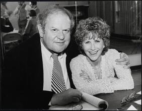[Jack Weston and Julie Harris in rehearsals for "Break a Leg".]