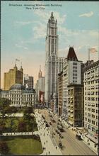 Broadway, showing Woolworth Building, New York City.