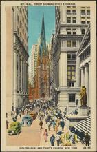 Wall Street Showing Stock Exchange, Sub - Treasury and Trinity Church, New York.