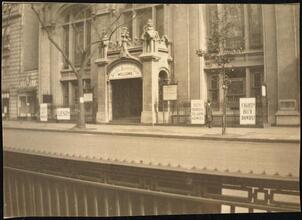 Street Scenes, etc. Showing Displays of Liberty Loan Posters during World War I [Church with Liberty Loan and other patriotic posters and banners.]
