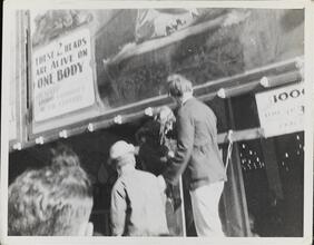 [Sideshow performers on Coney Island midway.]