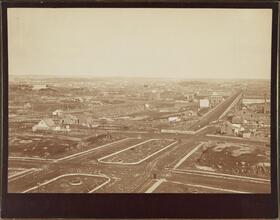 [View from the roof of George Ehret's home at Park Avenue and 94th Street.] Looking northwest, showing High Bridge and water tower in the distance.
