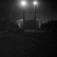 [Night view of the Communications building, New York World's Fair.]