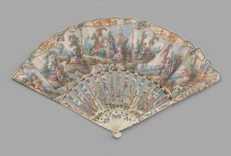 Folding fan painted with figures in pastoral settings