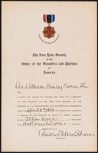 [Certificate of membership to the New York Society of the Order of the Founders and Patriots of America.]