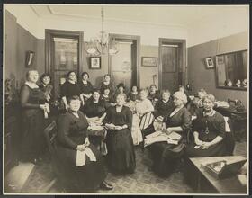 Interior, Group, Women's Sewing Circle, 157 East 94th Street.