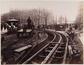 Construction of the cable road on Broadway, 1891 [Laying tracks.]