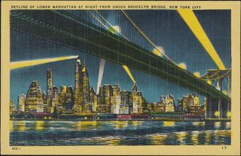 Skyline of Lower Manhattan at Night from Under Brooklyn Bridge, New York City