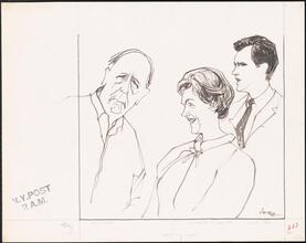 [Paul Ford as Harry Lambert, Maureen O'Sullivan as Edith Lambert, and Orson Bean as Charlie in "Never Too Late".]