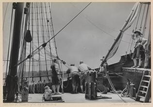 [The "Half Moon" in New York Harbor, 1609. Miniature group installed in the Marine Museum at the Museum of the City of New York.]