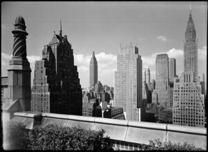 [View of Midtown Manhattan from a roof terrace.]