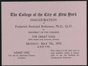 The College of the City of New York Inauguration of Frederick Bertrand Robinson, Ph.D., LL.D.