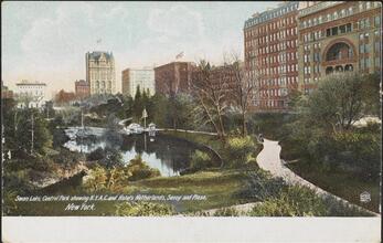 Swan Lake, Central Park showing N.Y.A.C. and Hotels Netherlands, Savoy and Plaza, New York.