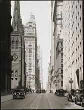Broadway and Wall Street. Street view looking north