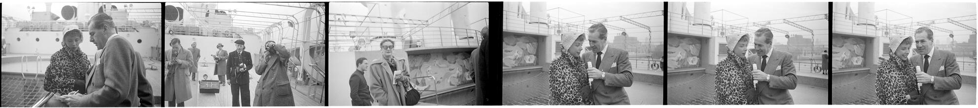 Betsy Von Furstenberg [Being photographed and interviewed on a ship.]