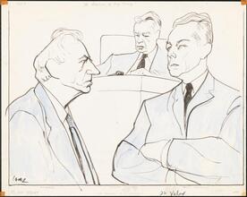 [Ed Begley as Augustus Randall, William Harrigan as The First Interrogator and Gene Raymond as Horace Smith in "A Shadow of My Enemy".]